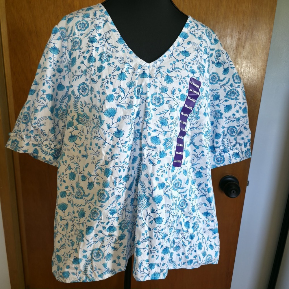 Draper James V-Neck Puff Sleeve Top XXL Blue White Floral Print Blouse NWT
